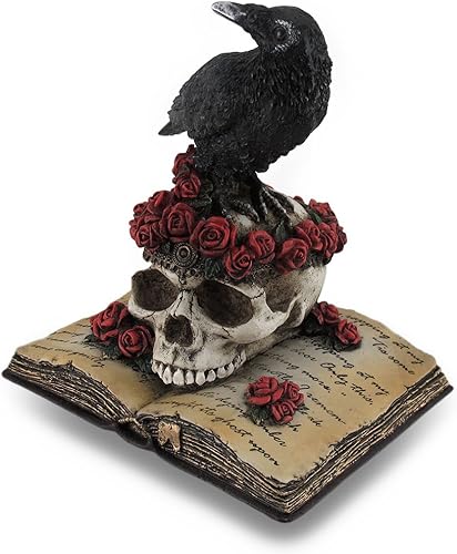 Miniatura 2 de Zeckos Estatua de resina pintada a mano de cuervo místico sobre un cráneo cubierto de rosas, encaramado sobre el libro de poesía de 'The Raven', una