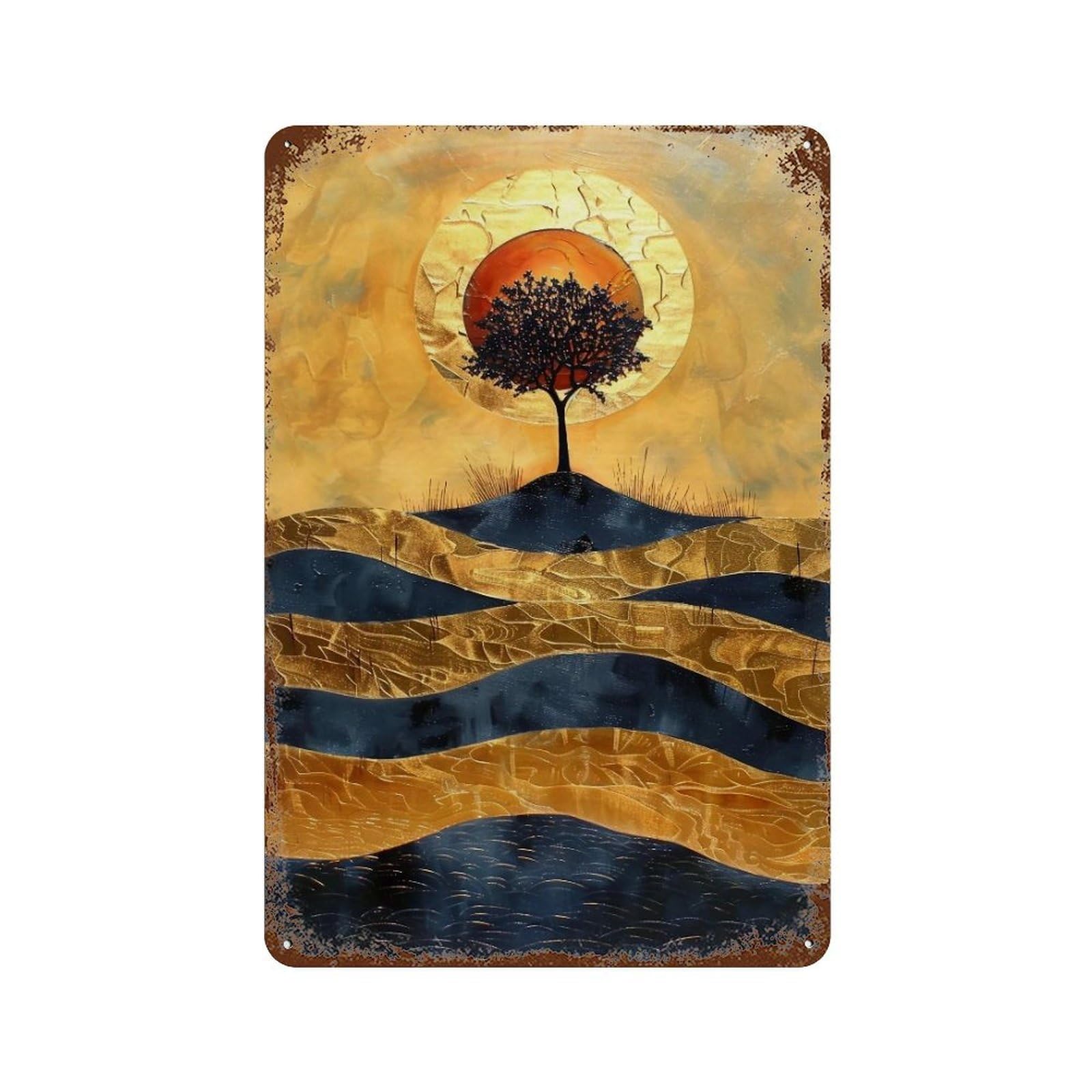 WIHYRTUI Gilded Impasto Minimal Lone Tree Red Sun Rolling Hills 04 Wall Retro Iron Metal Tin Sign Vintage Art Poster Modern Home Cofffee Club Art Bar Shop Decor Style 30x20cm