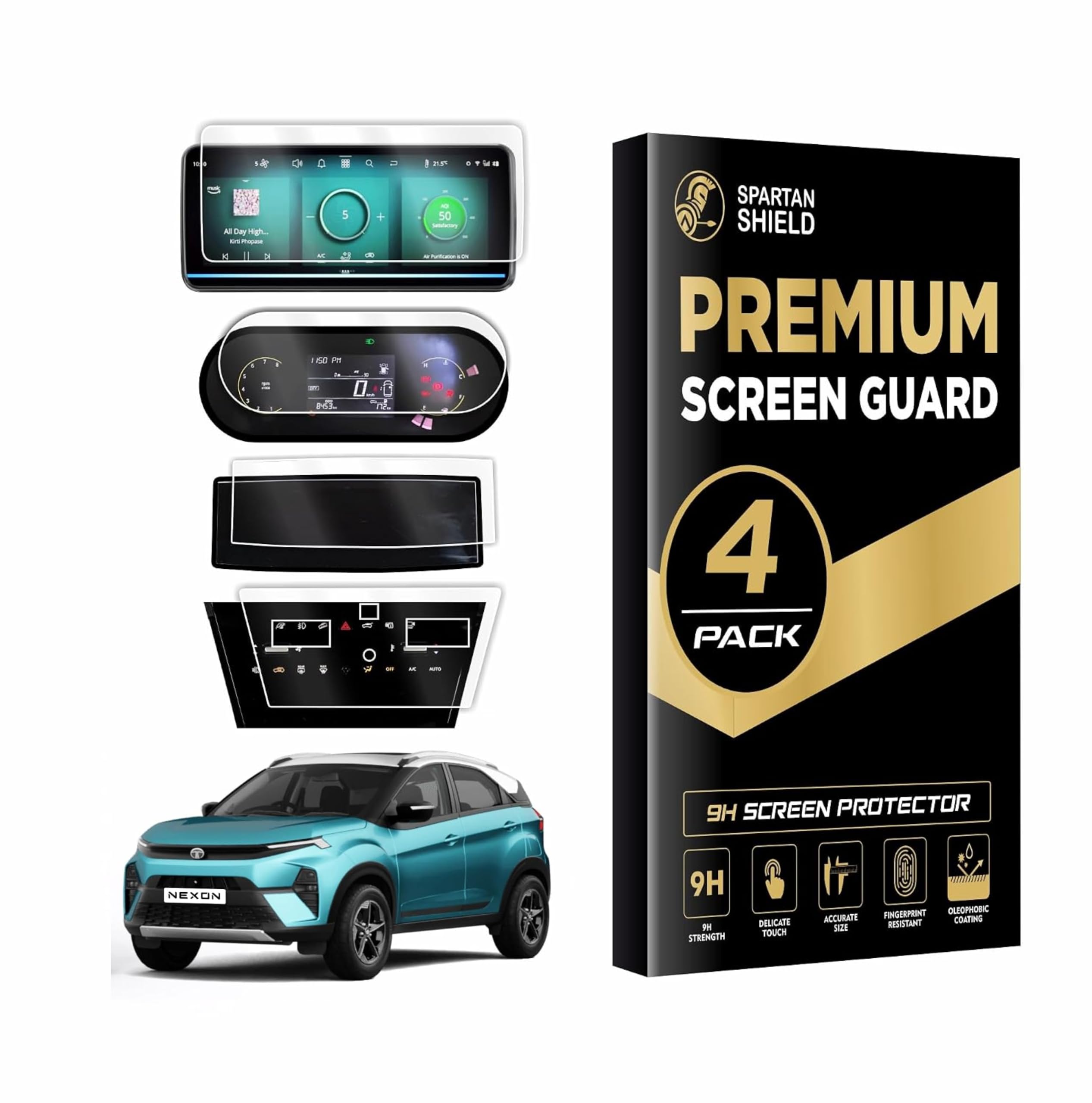 Spartan Shield {4 Pack} Screen Guard for Tata Nexon 2026+ | 10.25” Infotainment (Round Corners) + 4” MID + AC Panel (Touch-Controlled) + Steering Cluster Protector | Fits ** CREATIVE / CREATIVE+S / CREATIVE+S(CNG) / CREATIVE+S(DK) ** Only | HD Clear, Anti-Scratch, Water Resistant | Nexon 2025 Facelift Car Dashboard Display & Stereo Accessories [Not Tempered Glass] [DOESNT FIT *Creative+PS*] || Not Fit For EV Models || **Match Each Screen Shape & Size Before Ordering**