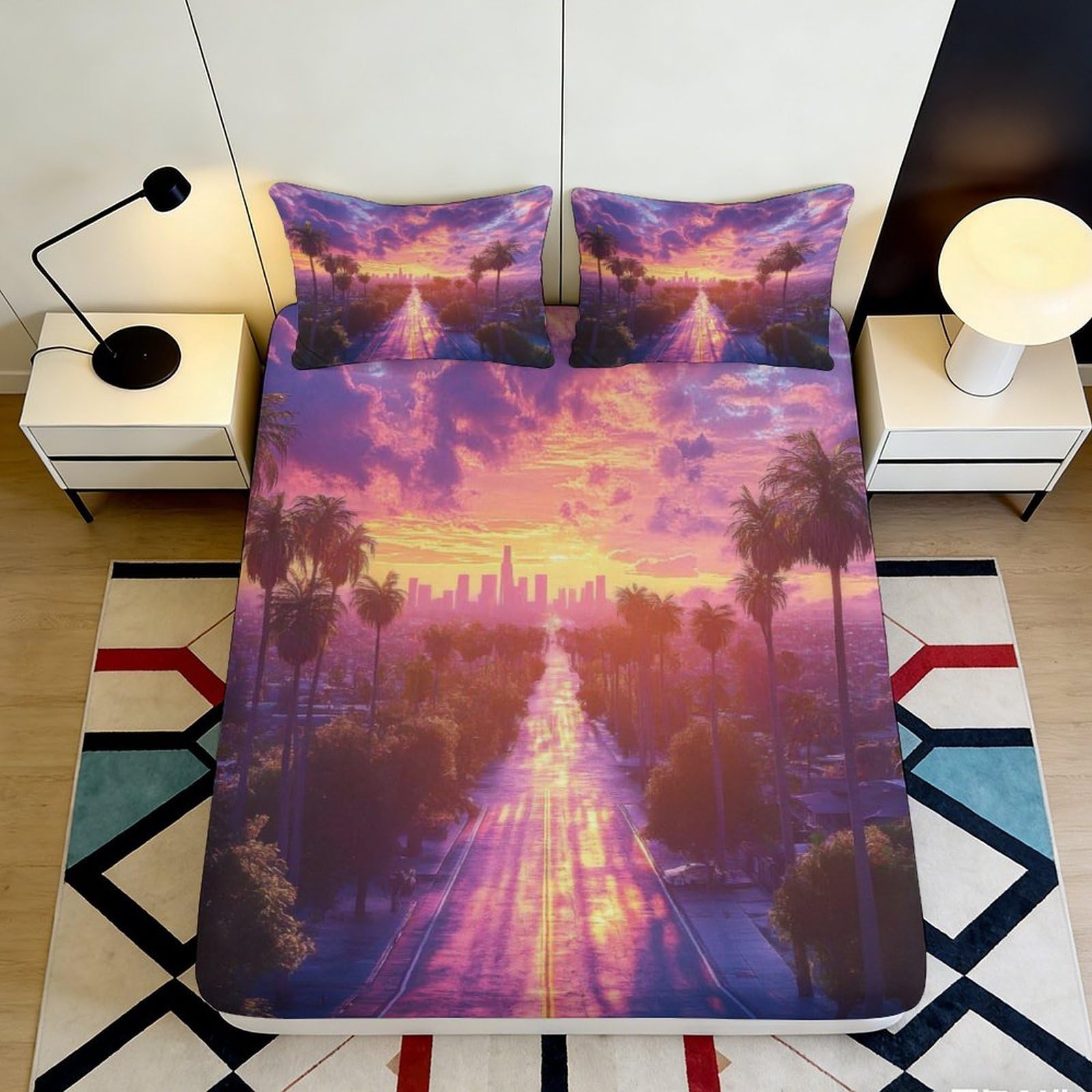 Pnayamiorkfel Style-9 3D Printed Sunset Cityscape Fitted Sheet Microfiber Soft Palm Avenue Bed Cover For Bedroom Guest Room Decor 90X200x25cm