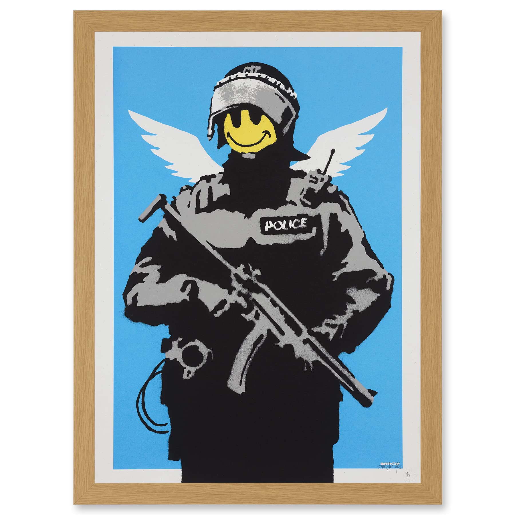 Artery8 Banksy Happy Angel Policeman Graffiti Street Mural Artwork Framed Wall Art Print A4