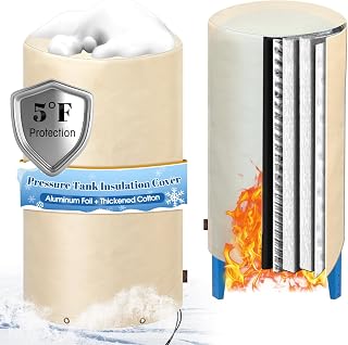 Insulated Well Pressure Tank Cover Aluminum Foil (5℉) - 16"D x 32"H Industrial 600D Outdoor Well Water Tank Insulation Blanket, Anti-UV Winter-Freeze Water Well Pump Cover, Beige