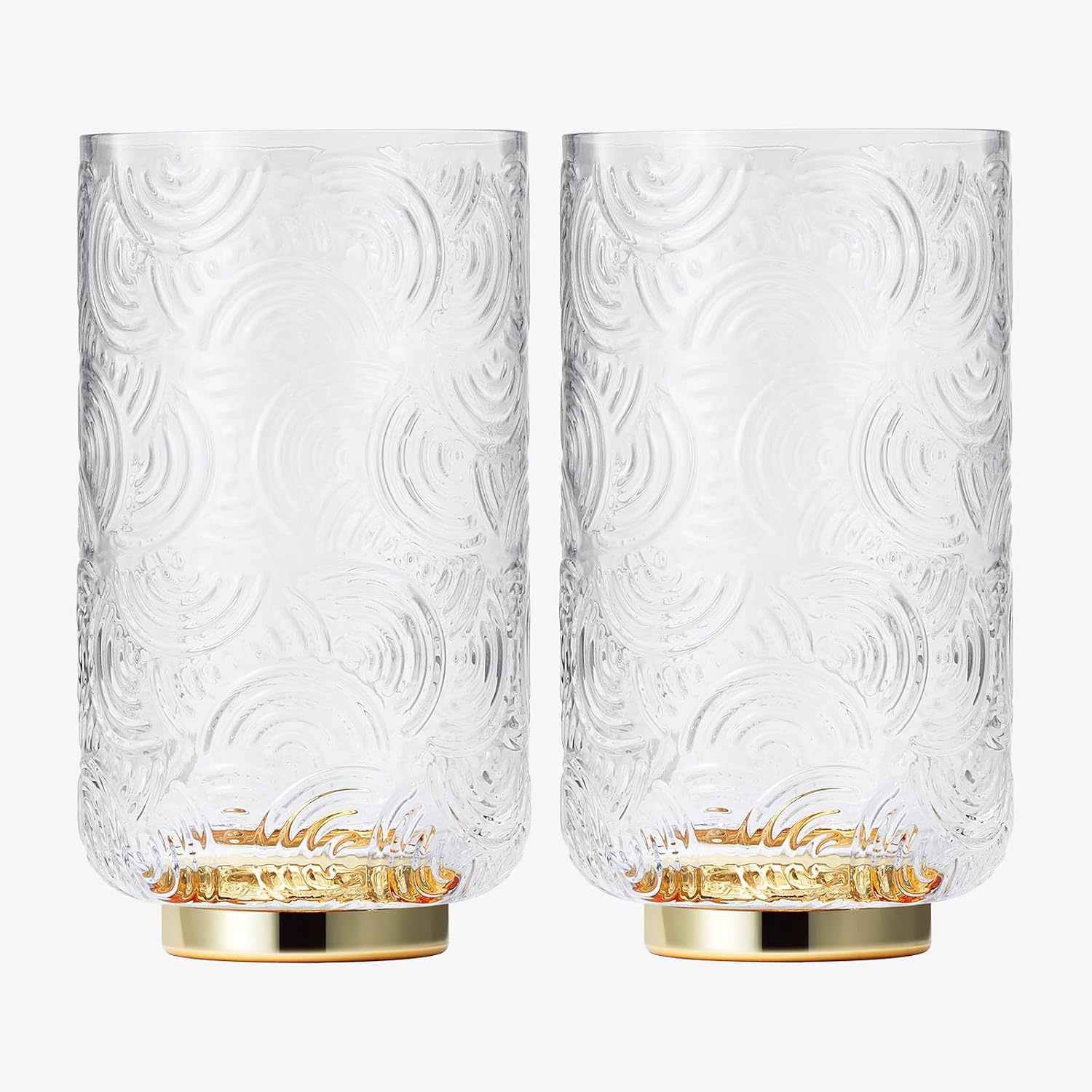 Khen Gatsby Highball Drinking Glass | Set of 2 | Vintage Cocktail Crystal Drinking Glasses Art Deco Gold Plated Tumblers For Water, Juice, Whiskey, Curved Arch Vintage Patterned Design 16oz Glassware
