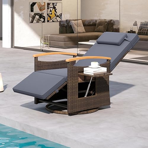 Miniatura 2 de Tangkula Silla reclinable giratoria de ratán de 360 grados, silla de mimbre con respaldo ajustable y reposapiés, asiento reclinable acolchado con