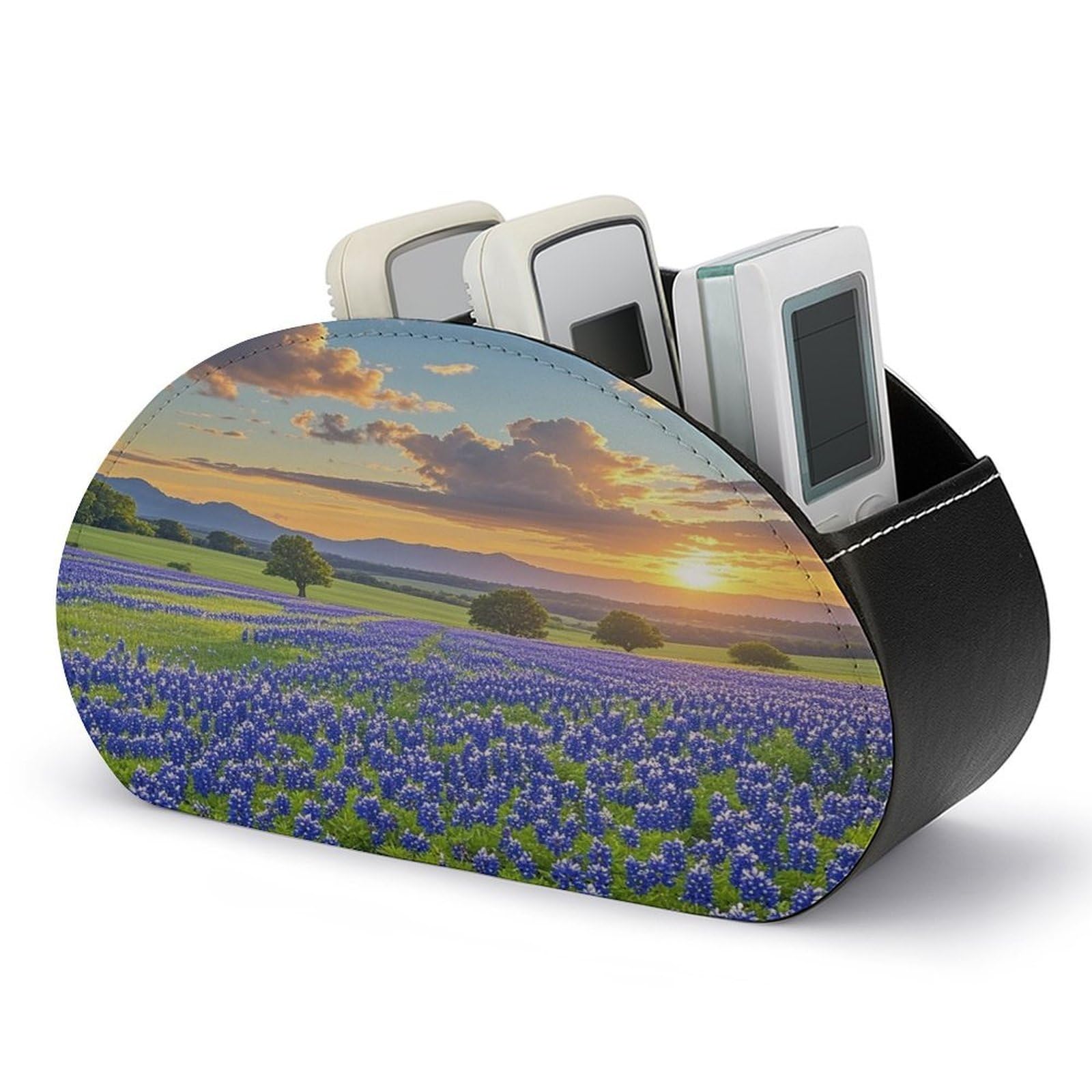 FekiLoot Texas Bluebonnets Scenery TV Remote Control Holder with 5 Compartments Multi-functional Leather Bedside Table Remote Caddy Desktop Storage Box for Store Pen Controller Media Player Cosmetic
