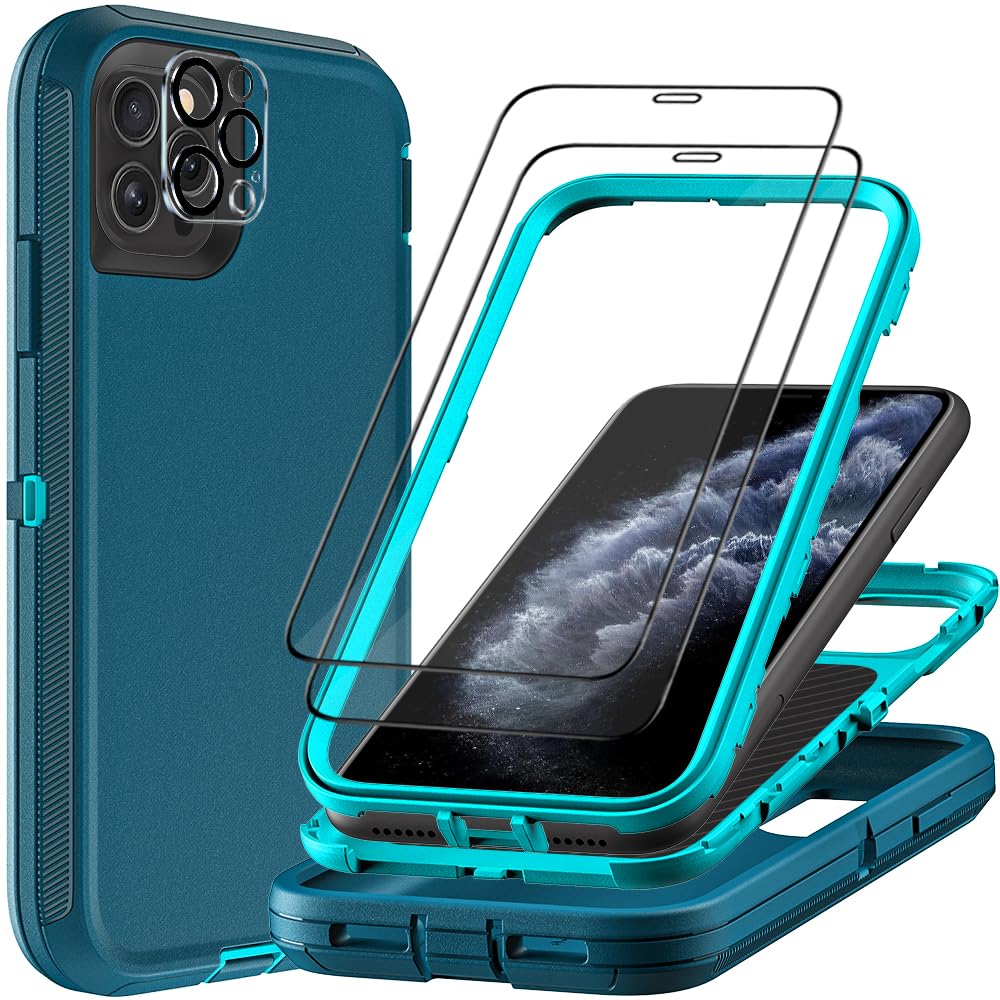TFDSEUGH for iPhone 11 Pro Max Case with 2Pcs Tempered Glass Screen Protector and 1Pcs Camera Lens Protector, Military Grade 3 in 1 Heavy Duty