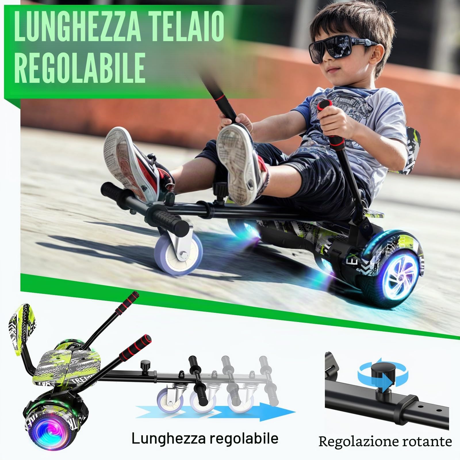 SISIGAD Hoverboard, fissaggio del sedile per scooter combo con luci LED corlorful Bluetooth, lunghezza del telaio regolabile per bambini