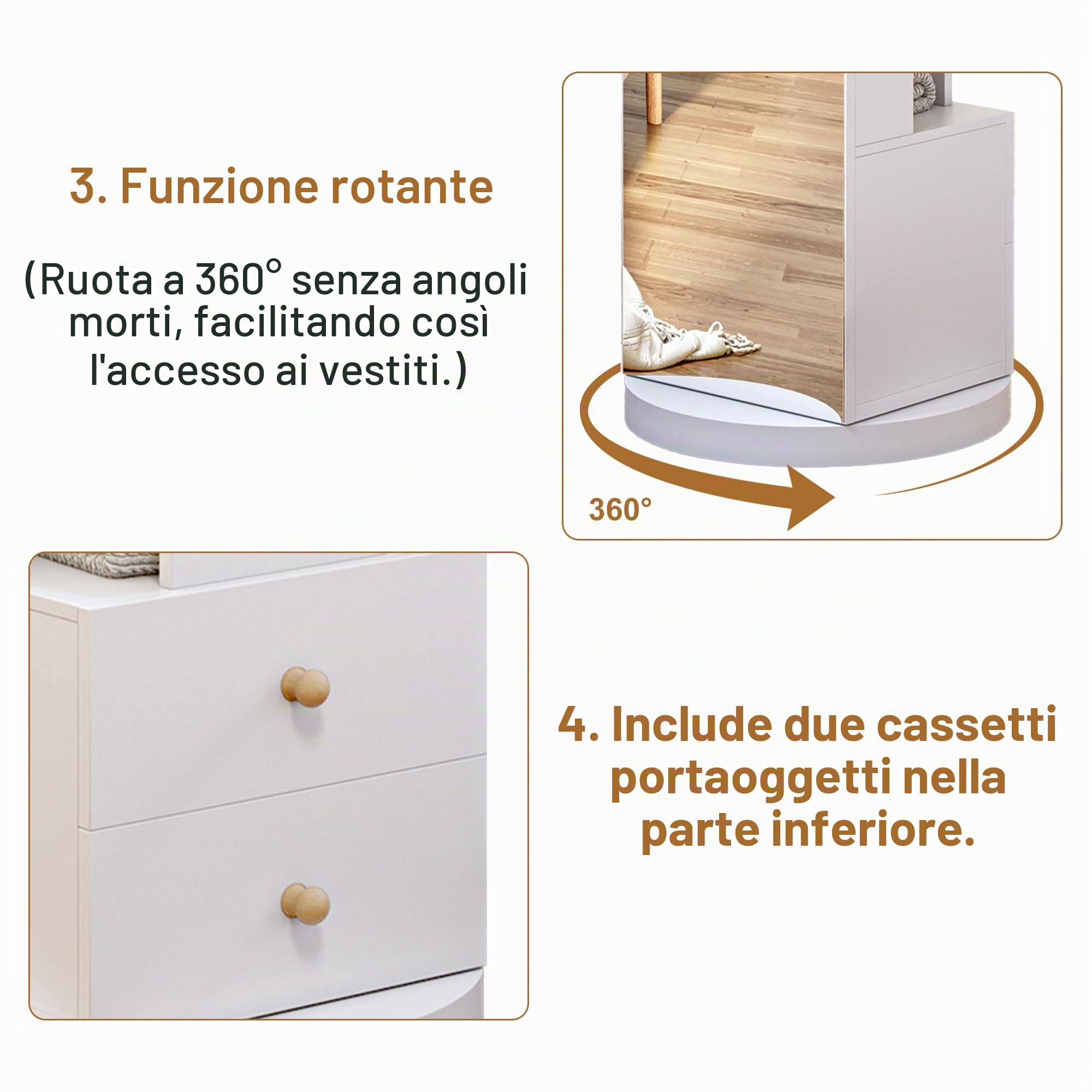 Specchio da pavimento, armadio con specchio 3 in 1 e guardaroba, con specchio girevole a 360, con 2 cassetti e 4 ganci, specchio per spogliatoio con vano portaoggetti (bianco)
