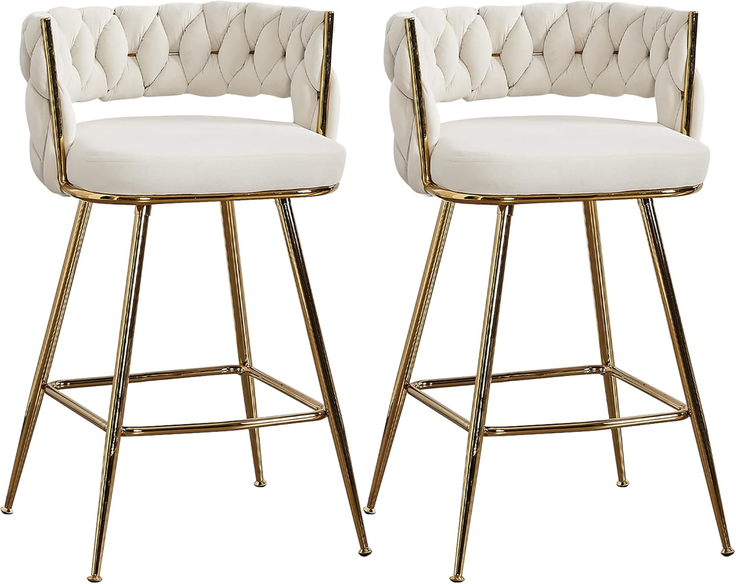 VECELO Bar Stools Set of 2, Counter Height Bar Stools, 26 inch Seat Barstools with Woven Back and Footrest for Kitchen Island Counter, White White Set of 2