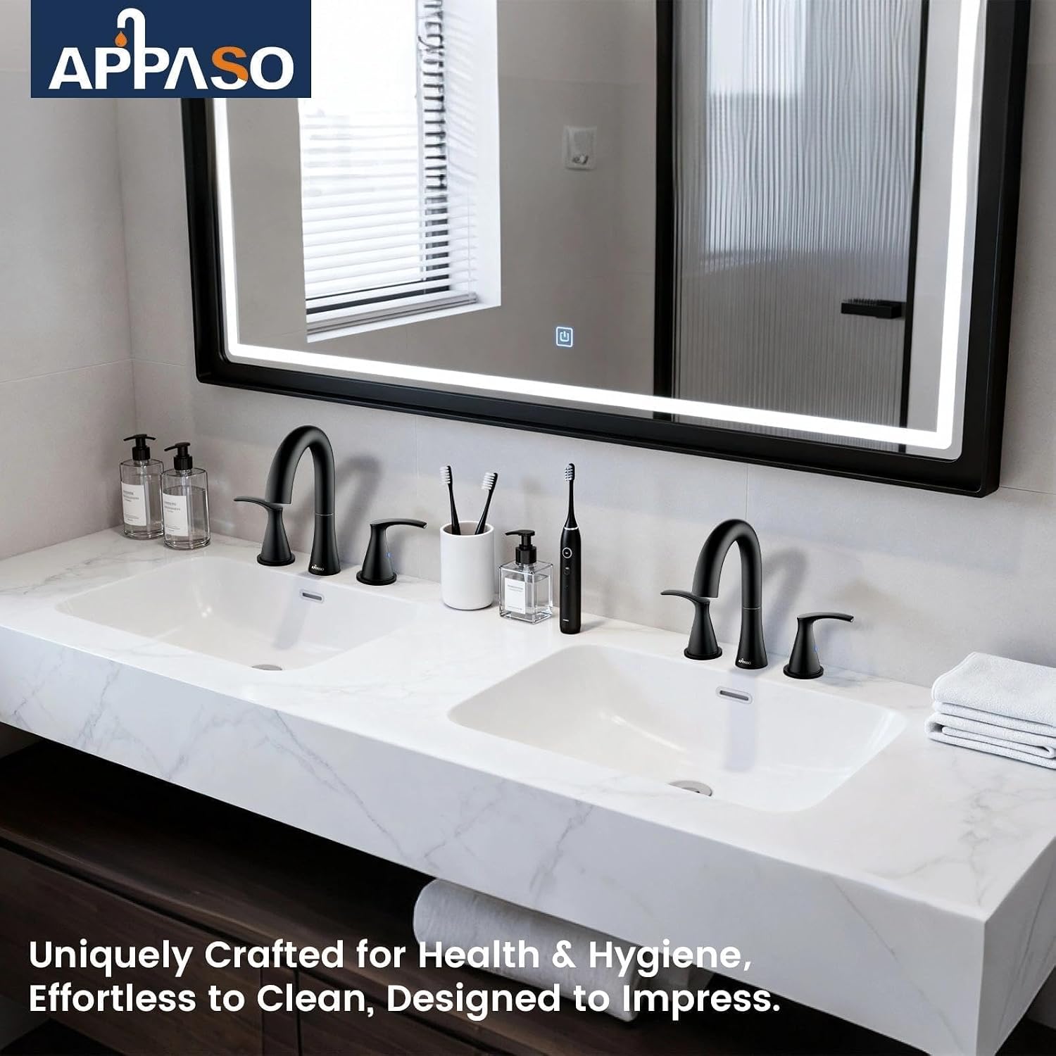 APPASO Black Bathroom Faucets 3 Hole, Matte Black Bathroom Sink Faucet with Supply Lines & Pop Up Drain, SUS304 Stainless Steel 8 Inch Widespread Bathroom Faucet for Vanity RV Farmhouse Sink