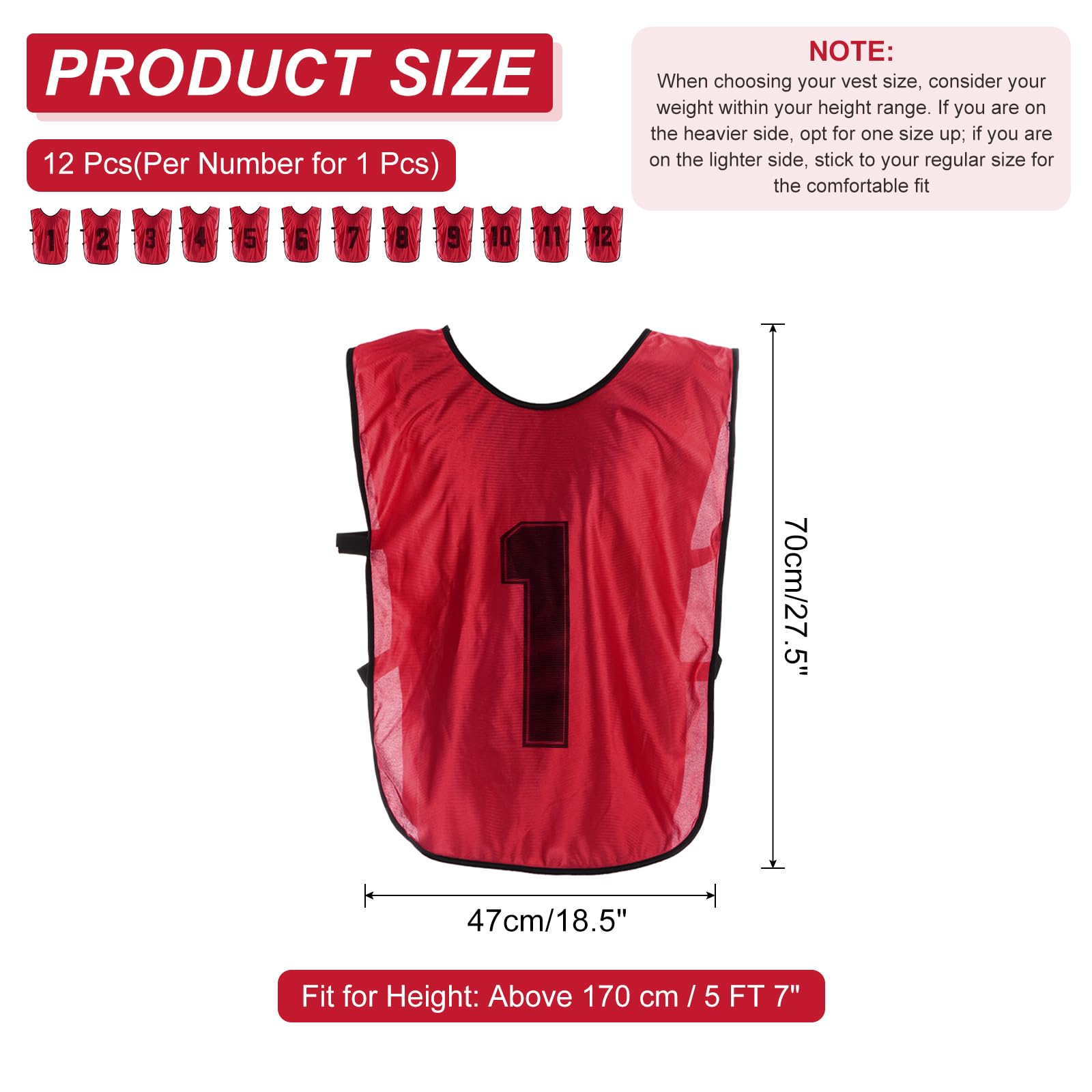 PATIKIL Lot de 12 gilets d'entraînement de football, réversibles, numérotés, avec ceinture pour adulte, 71,1 cm, rouge, Rouge, 28W