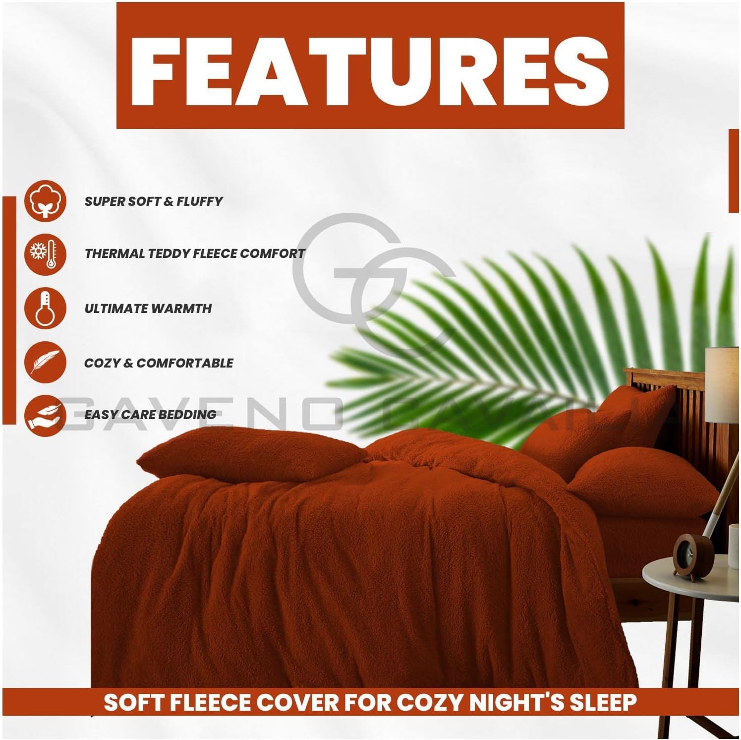 GC GAVENO CAVAILIA Teddy Fleece Bedding Set King Size - Soft Warm Cosy Duvet Cover with Pillowcases - Burnt Orange - Image 3