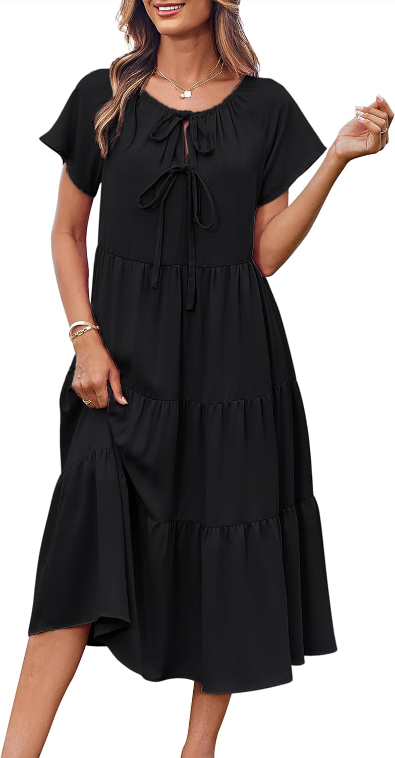 GRACE KARIN Womens Summer Dresses 2025 Casual Tie Front Midi Maternity Dress Short Sleeve Loose Flowy Pleated Beach Sundress