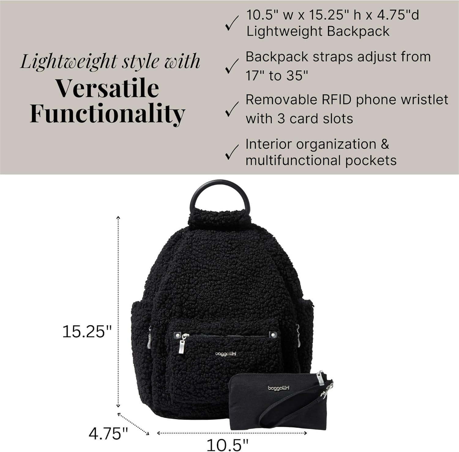 Baggallini Womens All Day Backpack With RFID Phone Wristlet, Black Faux Shearling - Image 4