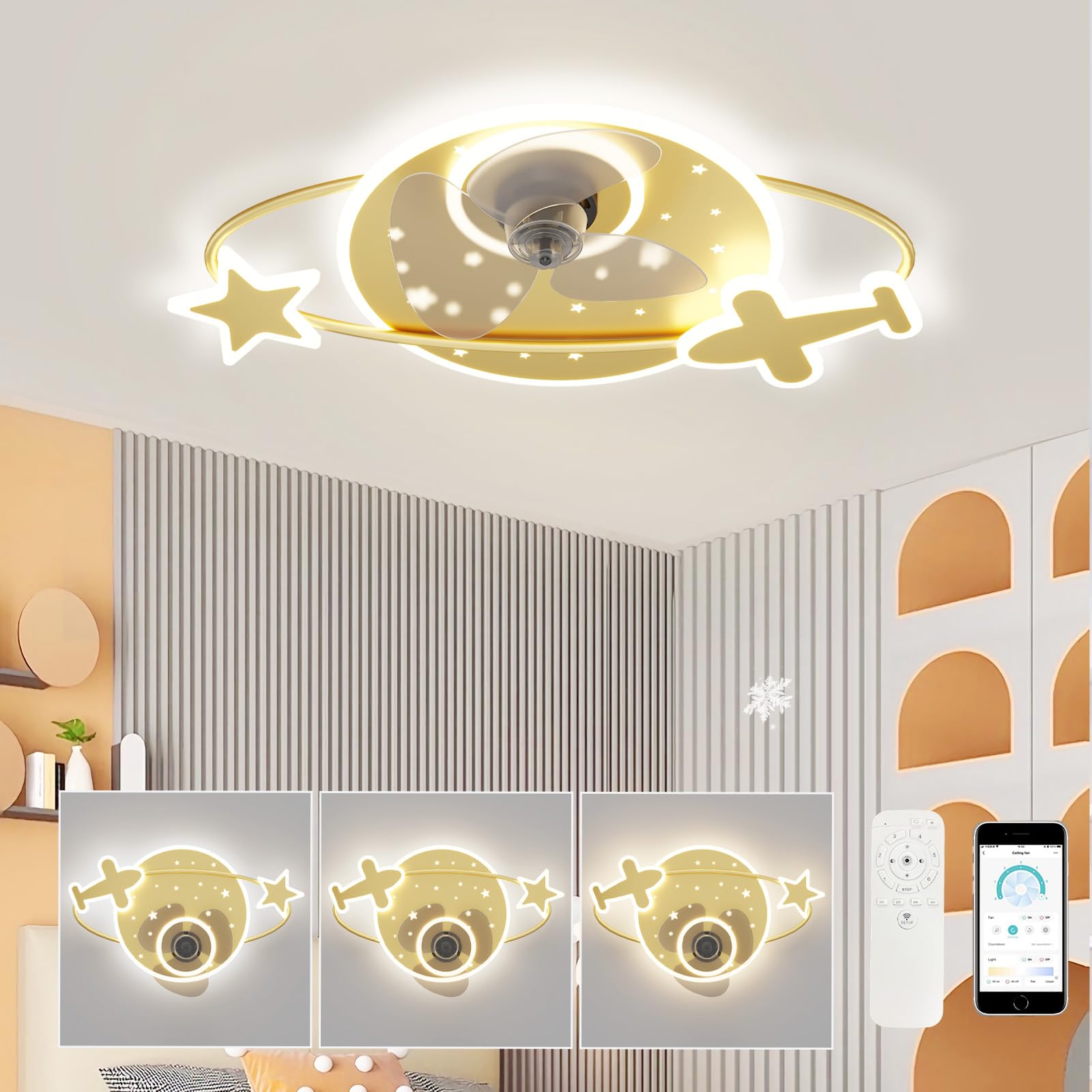 Ventilateur de plafond led avec lampe à intensité variable et télécommande 6 vitesses
