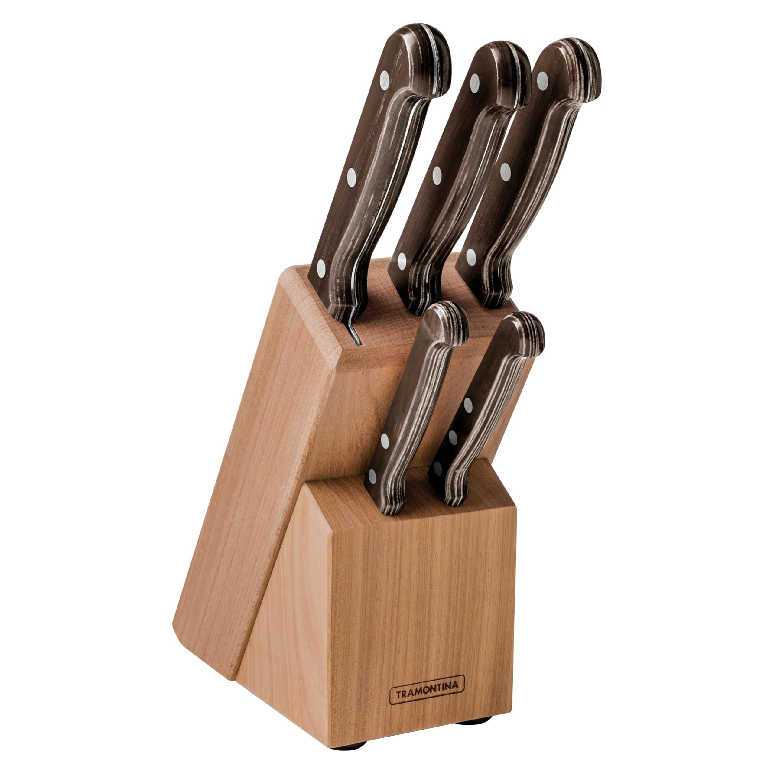 Tramontina Juego de Cuchillos de Acero Inoxidable y Mangos de Madera Tratada con Soporte de Madera Polywood Castaño 6 Piezas