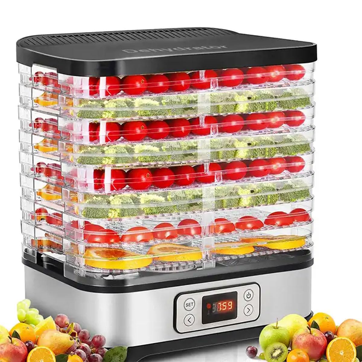 Essiccatore per alimenti domestico, essiccatore per frutta trasparente a 5 vassoi a 360° con temporizzazione di 72 ore, macchina per essiccazione portatile da 250 W per carne secca, frutta, carne, v