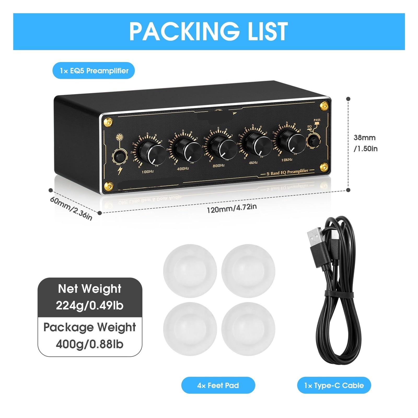 EQ5 2.0 Channel Mni 5 Band Analog EQ Preamplifier Audio Equalizer Home/Car Audio Processor Stereo Preamplifier