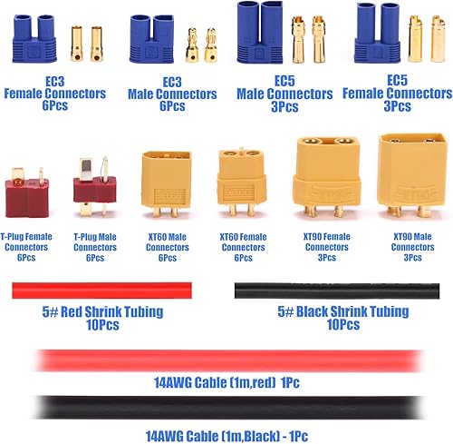 Miniatura 2 de Ralout 70pcs XT60 XT90 EC3 EC5 T-Plug macho y hembra adaptador conector con cable de silicona 14AWG y tubos termorretráctiles para RC ESC Lipo