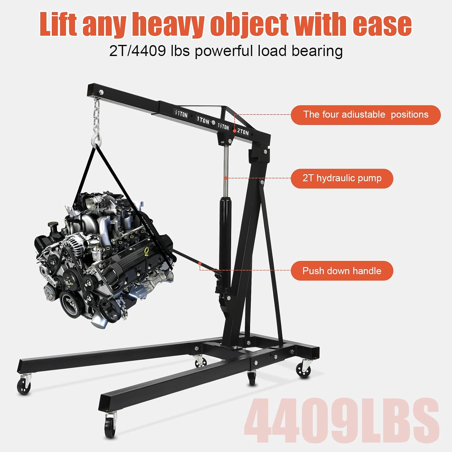 2 Ton Engine Hoist, Folding Hydraulic Engine Hoist, Heavy Duty Folding Shop Crane, Cherry Picker Shop Crane Hoist Lift, with 6 Casters, for Workshops, Warehouses(Sent in 2 Packages, 4409lb)