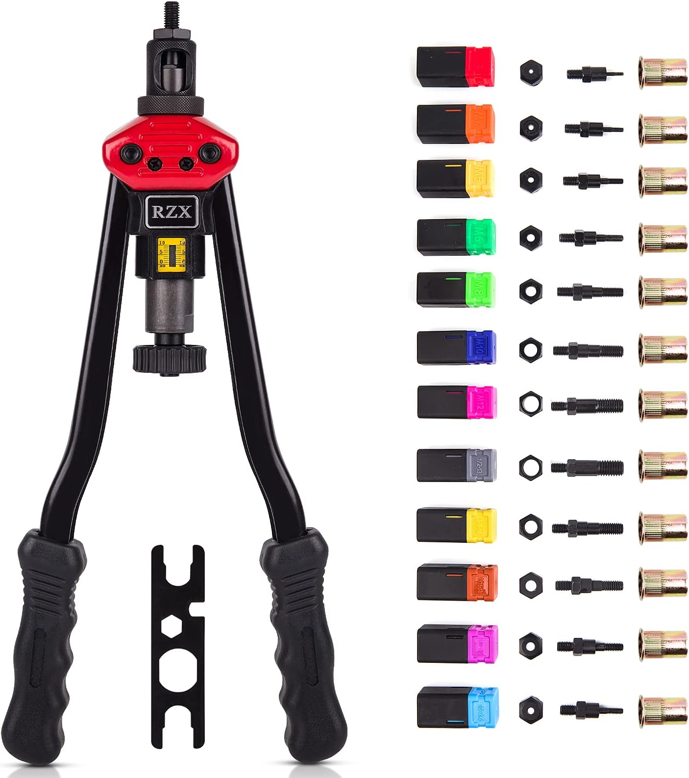 RZX 16" RIVET NUT TOOL Hand Blind Riveter,RIVNUT Riveting Tools with Nut Setting System totally 12mandrels M3 M4 M5,m6,m8,m10 M12, 10-24, 1/4-20, 5/16-18,3/8-16,1/2-13 +115PCS Rivets Nuts