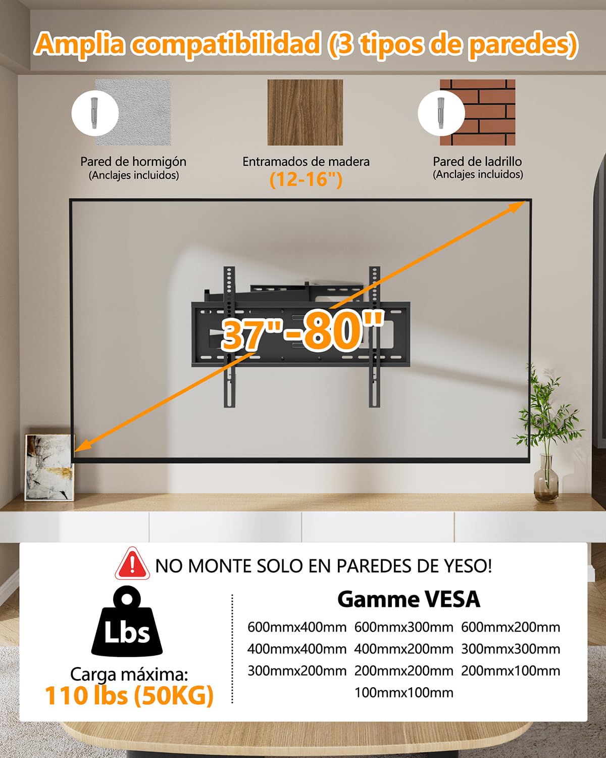 FORGING MOUNT Soporte TV Pared con Brazo Articulado Extralargo de 1090mm para Pantallas de 37-80" de Planos/Curvos, Soporte Pared TV con Giratorio e Inclinable, Máx VESA 600x400mm,hasta 50kg