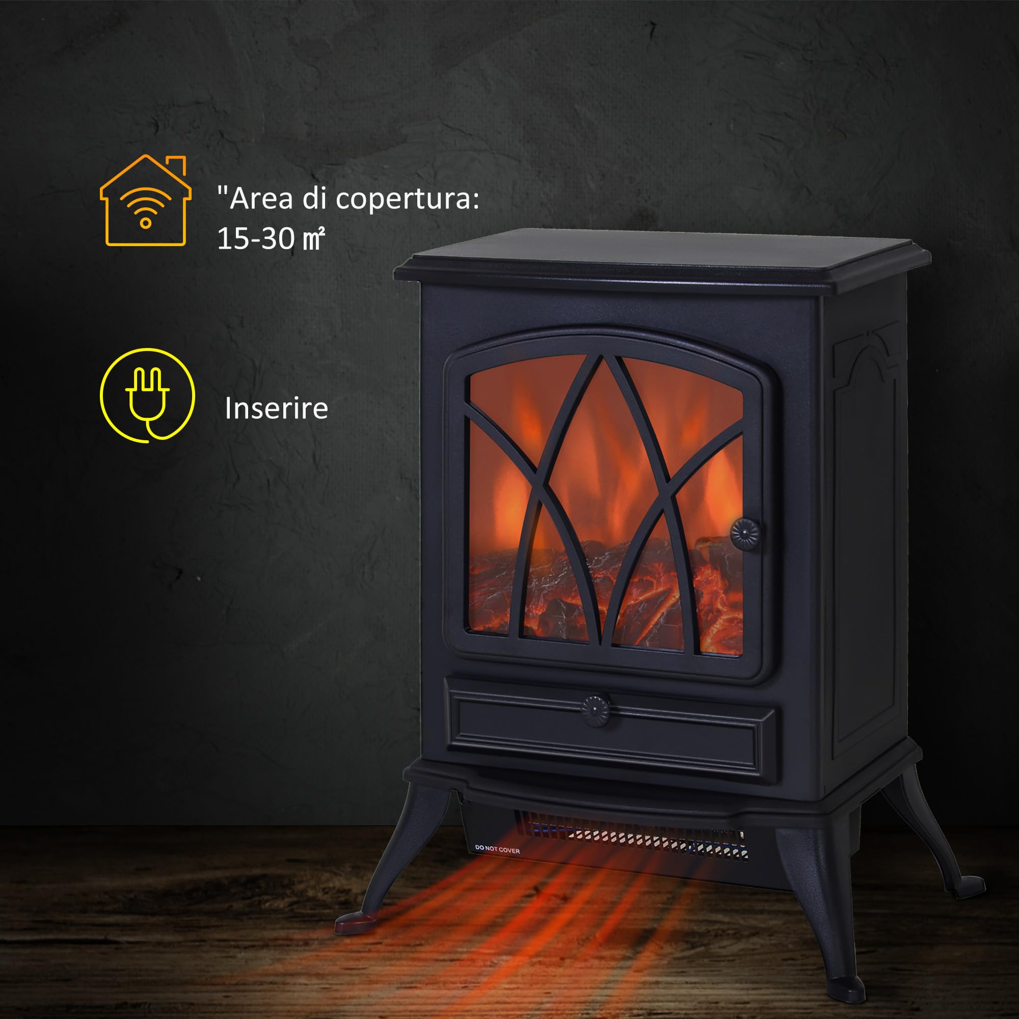 HOMCOM Camino Elettrico con Effetto Fiamma Stile Retrò, Caminetto Elettrico 1000-2000W con Termostato, Protezione da Surriscaldamento e Luce Regolabile, Nero