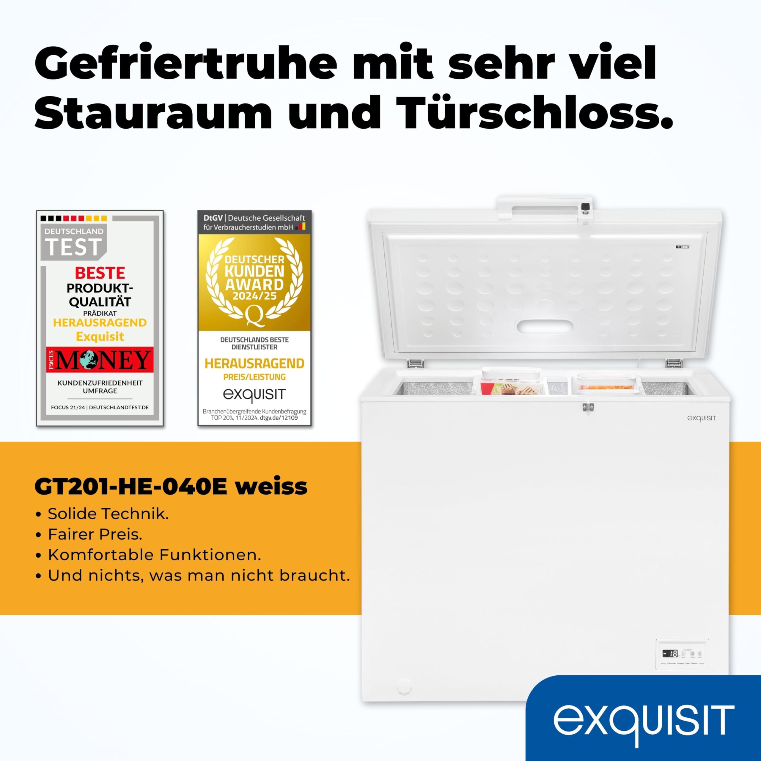 Exquisit GT201-HE-040E Gefriertruhe - 198 Liter Kühlbox mit 4-Sterne-Fach | 2-in-1 Funktion mit Kühlen & Gefrieren - Abschließbar - 200 kWh/Jahr - LED-Licht & Schnellgefrier-Modus - Inklusive 2 Körbe