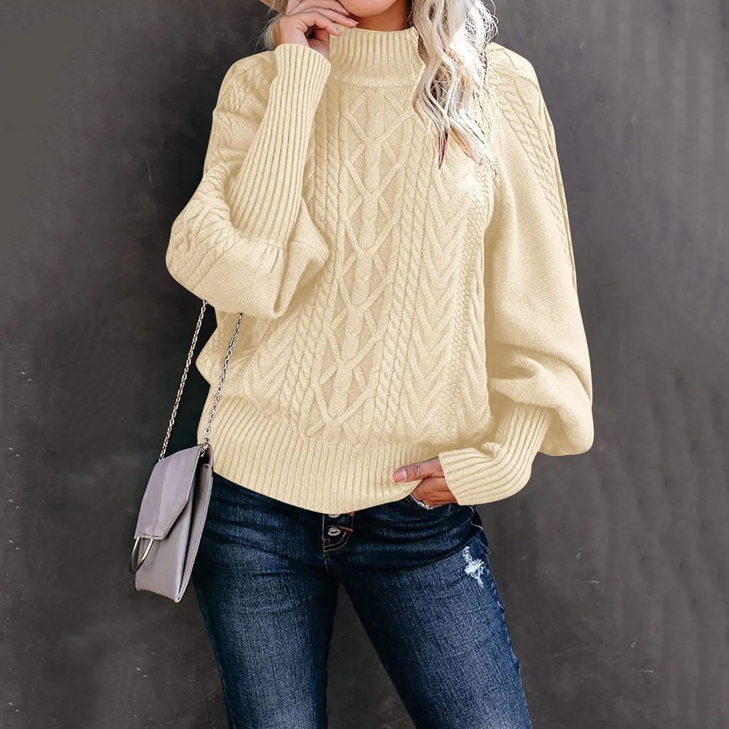 Women's Cable Knit Sweater Lantern Sleeve Turtleneck Hemp Pattern Vintage Casual Chunky Pullover Tops 2025 Trendy - Image 2
