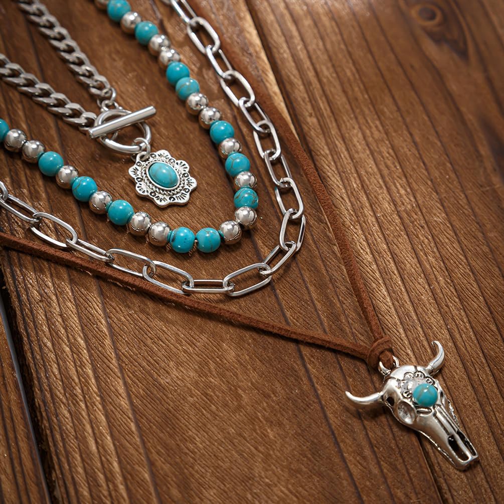 Layered Western Turquoise Beaded Necklaces Jewelry for Women Trendy, Beads Turquoises Paper clip OT Chain Cow Pendant Necklace Y2K Cowgirl Accessories - Image 5