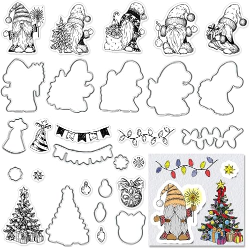 Hying Troqueles de Navidad y sellos para hacer tarjetas, sello transparente de gnomo de árbol de Navidad y troqueles de corte para álbumes de