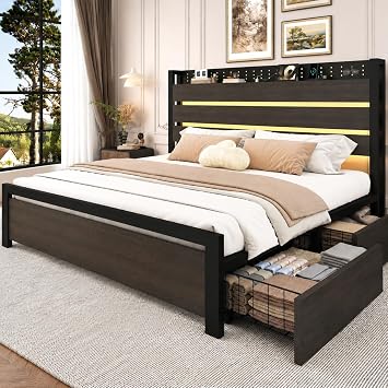 Platform Bed Frame Queen Size with 4 Storage Drawers, Metal Bed Frames with Charging Station and LED Lights, Heavy Duty Bedframe with Headboard, No Box Spring Needed, Easy Assembly, Grey