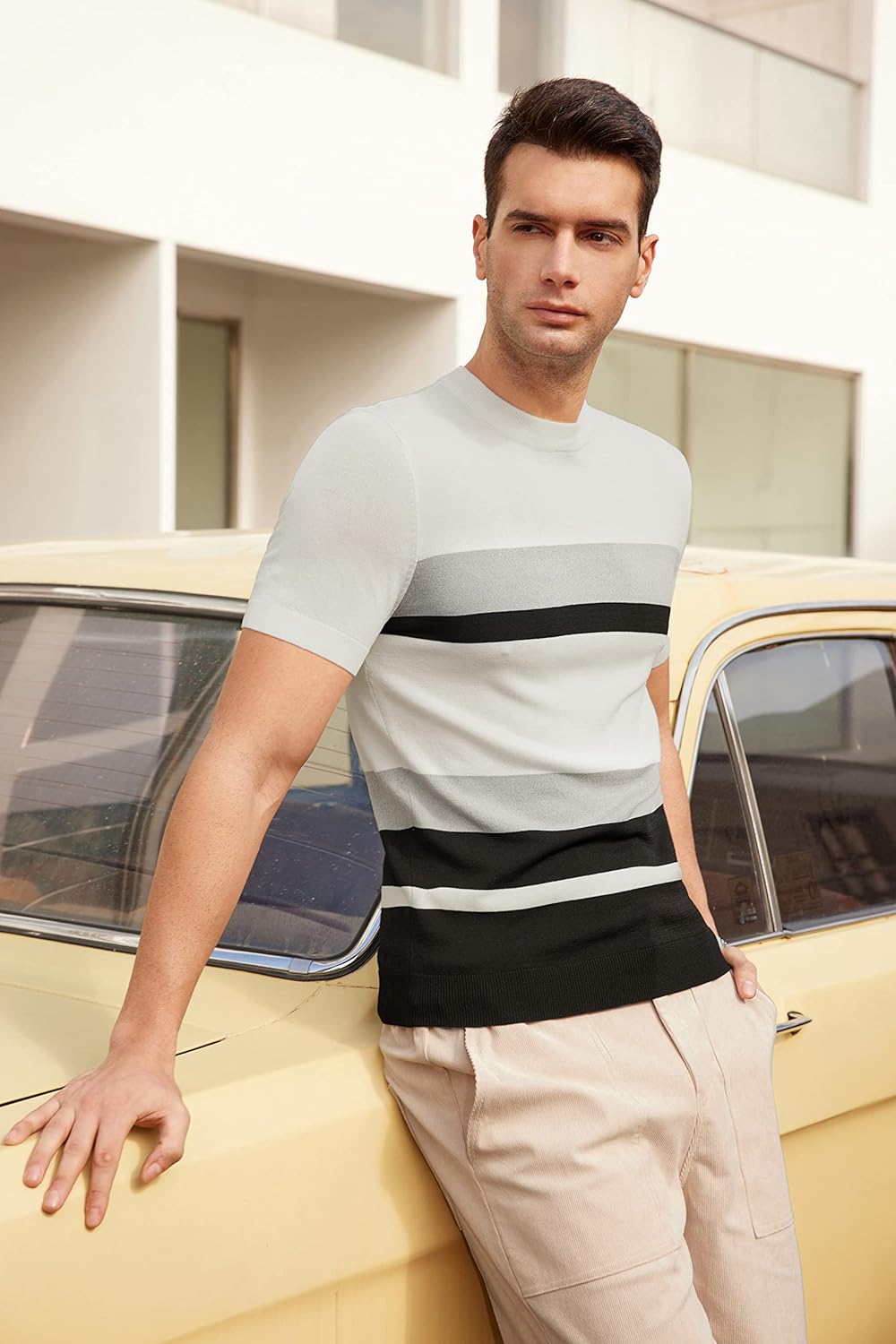 Men's Casual Short Sleeve Contrast Stripe Pullover Sweater Slim Fit Crewneck Knitwear M Ivory