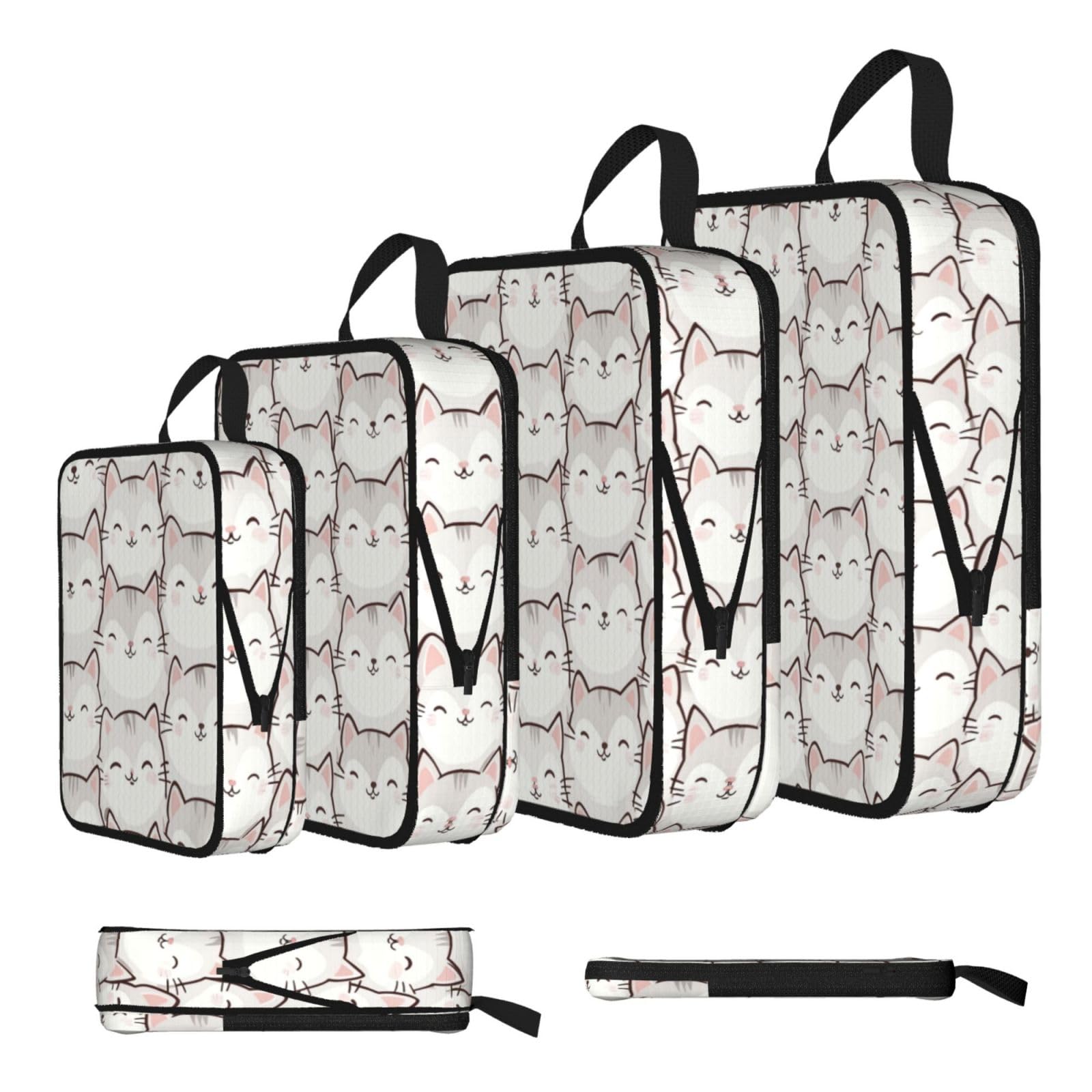 Cartoon White Cats Print Packing Cubes for Travel Space Saver Bags, Compression Packing Cubes Set of 4, Expandable Luggage Organisers, Suitcase Organiser Bags