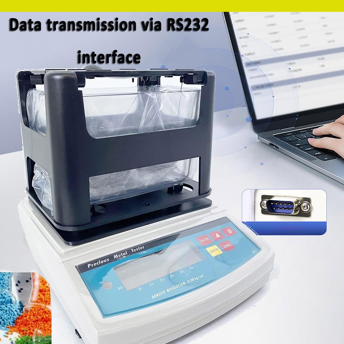 Digital Solid Density Meter Soild Densimeter Density Meter Measurement Equipment with Max Range 300g RS-232 Interface Maximum Weight 300g Resolution 0.001 g/cm3 Minimum Weight 0.005g