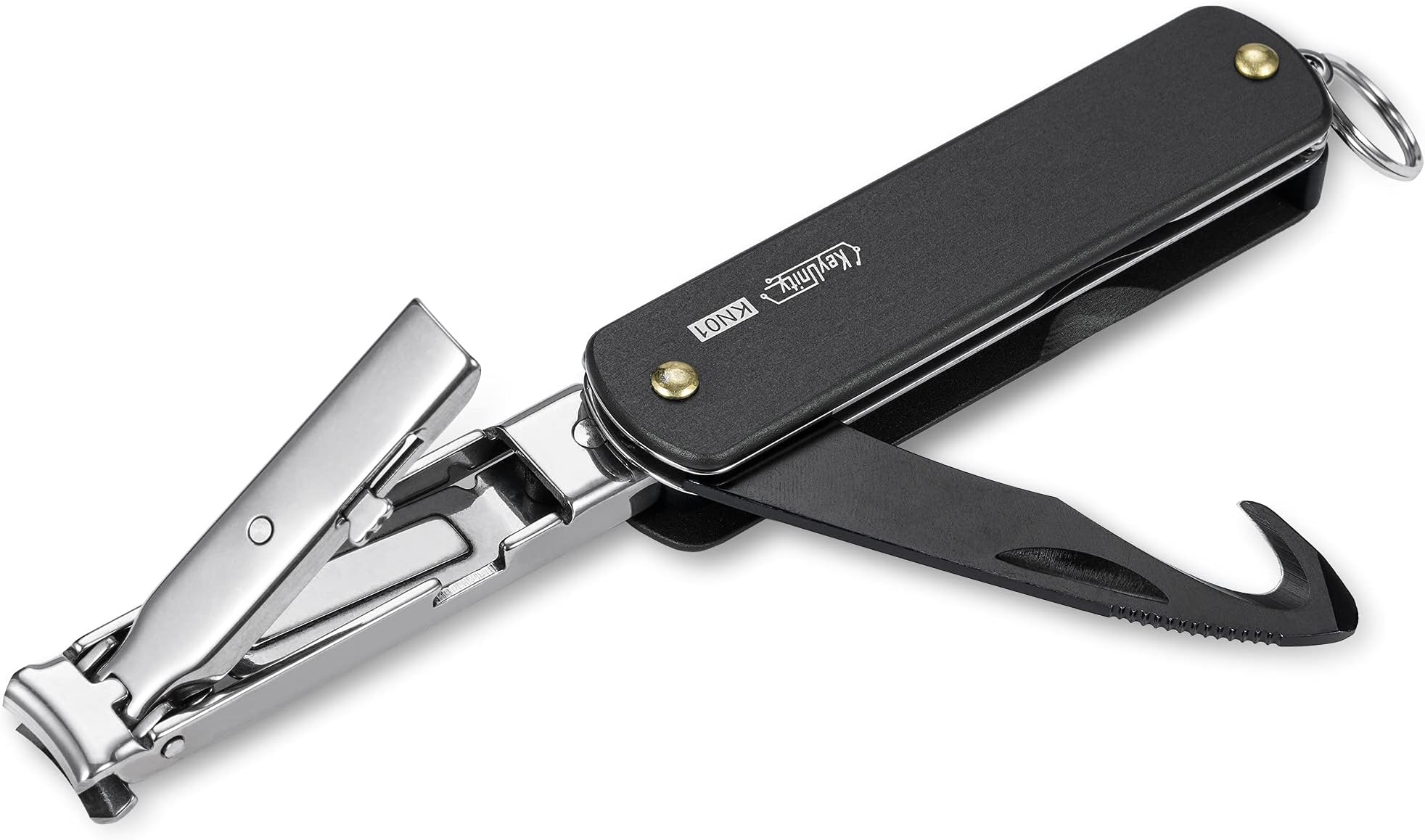 KeyUnity KN01 6-In-1 Folding Keychain Multi-tool, Nail Clipper with File, Box Opener, Seatbelt Cutter, Mini Pry bar, Small Multi-function Pocket Tool for Outdoor Travelling Camping (Black)