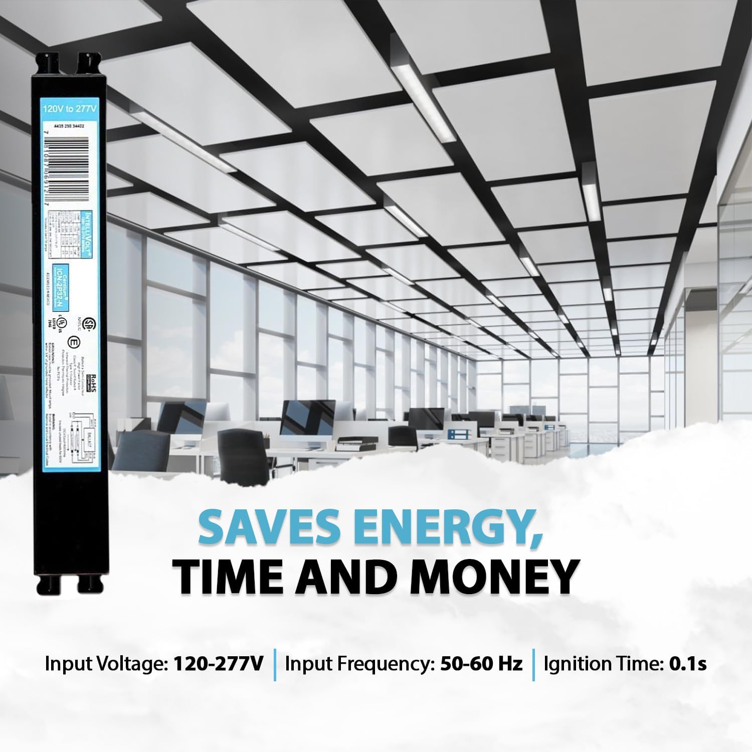 ICN2P32N, 120-277V, 50-60Hz Input Frequency, Solid Wire Type, Instant Start Centium Electronic Fluorescent Ballast for 2 F32T8 Lamp Type, Indoor/Outdoor Use with Automatic Restart Ballast Box