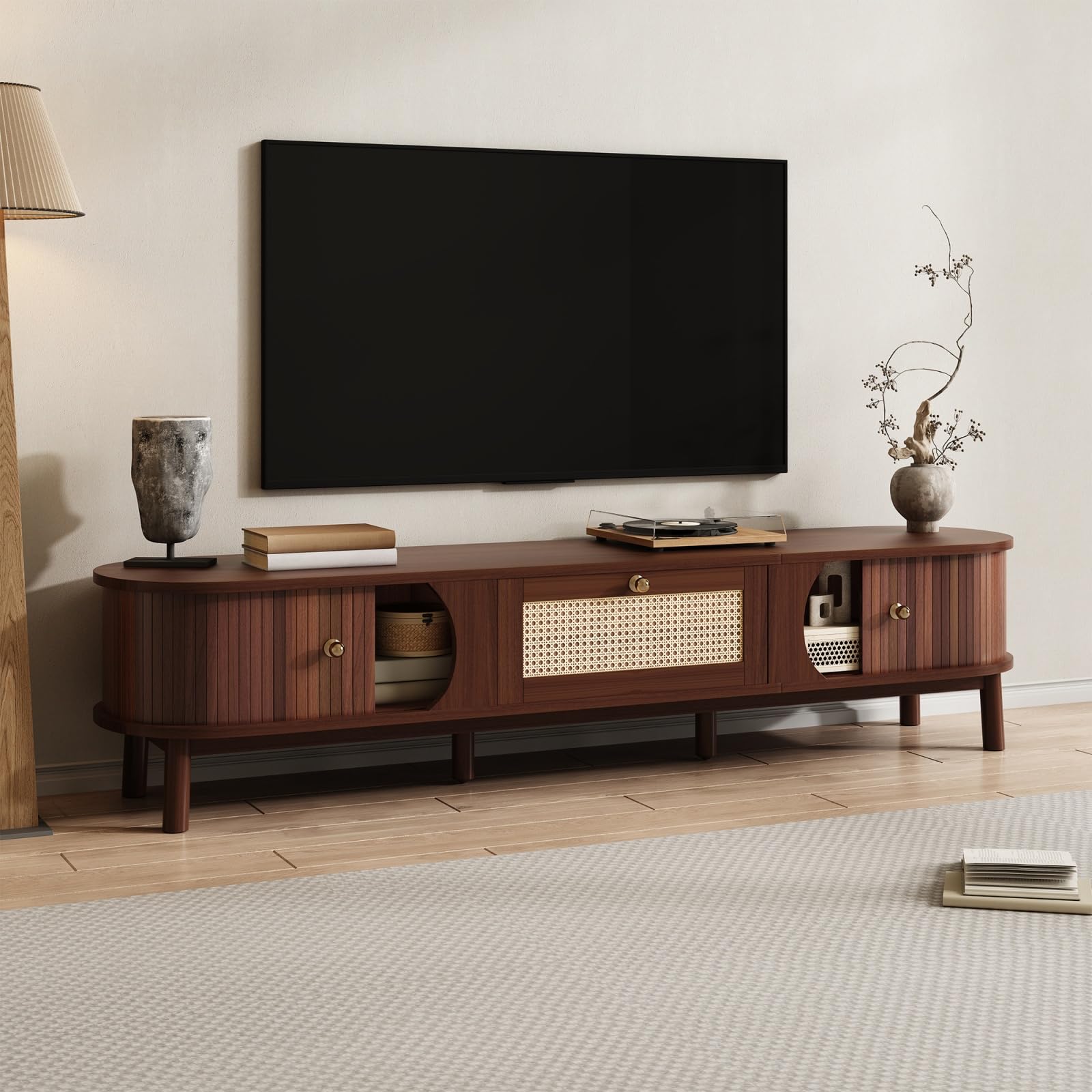 PUGSDRLY Meuble TV avec tiroirs 170 L x 39,5 B x38 H, TV Table pour Salon avec 2 Portes (Natural)