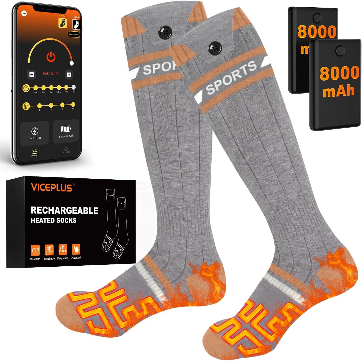 8000mAh*2 Heated Socks for Men Women with App Control,Large-Capacity Rechargeable Battery,360Heating Warming,Electric Winter Socks,Foot Sole Heating,Foot Warmer for Skiing,Hiking,Hunting,Outdoor