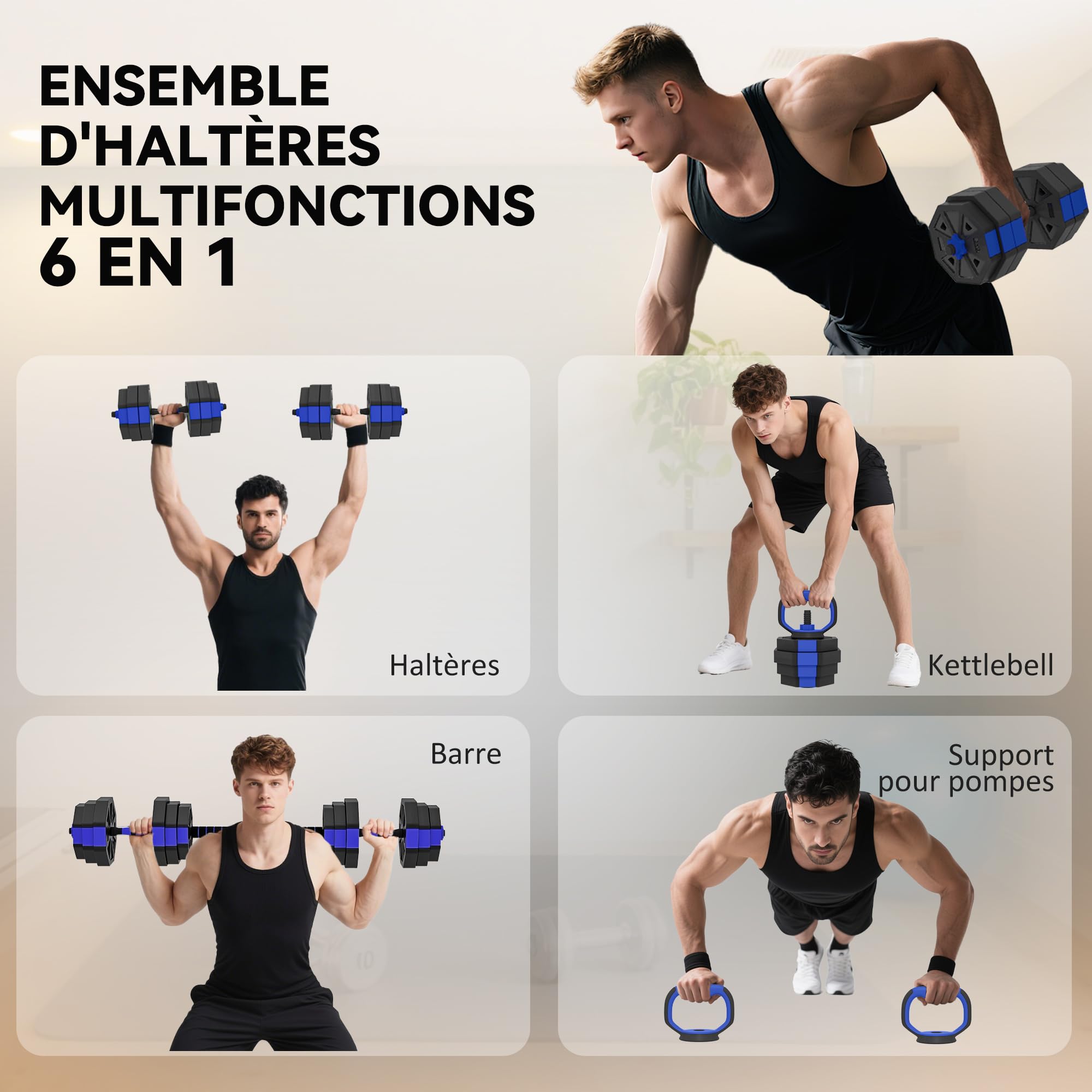 SPORTNOW Ensemble d'Haltères Musculation 6-en-1 Haltères Réglables 20/25/30 kg Antidérapantes, Kettlebell, Barre de Musculation ou Support pour Pompes pour Fitness à Domicile, Bleu et Noir