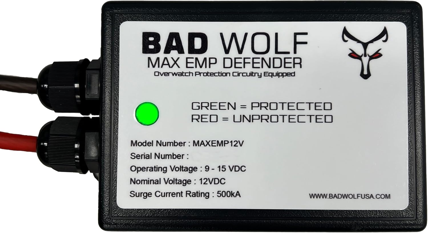 MAXEMP12V Max EMP Defender 12V 500kA Surge Protector Built with MOV, TVS, and GDT Technology. 8 AWG Wire to Protect Your Vehicle from EMP, CME and Solar Flares and More.