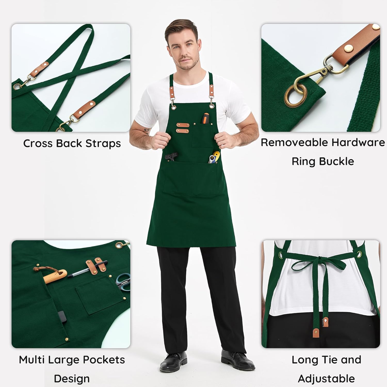 Canvas Aprons, Kitchen Chef Aprons, Work Aprons for Men Women, Adjustable Strap Aprons with 3 Pockets - Image 4