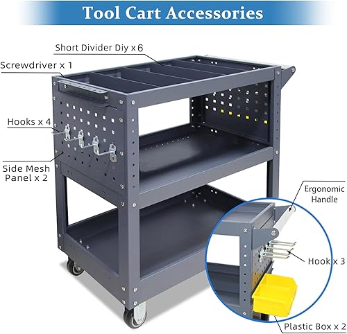 Miniatura 4 de Carrito de herramientas rodante de 3 niveles con 6 divisores, paneles de malla y estante para destornilladores, capacidad de 500 libras, 32.5 x 31.5