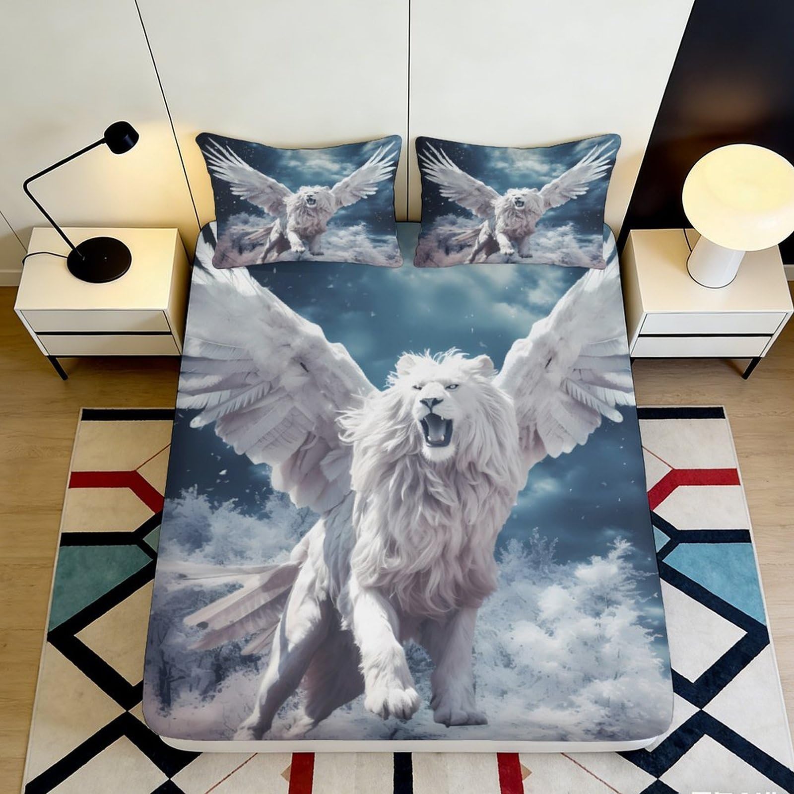 Pnayamiorkfel Style-9 3D Printed Winged Lion Fitted Sheet Microfiber Soft Breathable Fantasy Sky Bed Cover For Bedroom Dorm Decor 90X200x25cm
