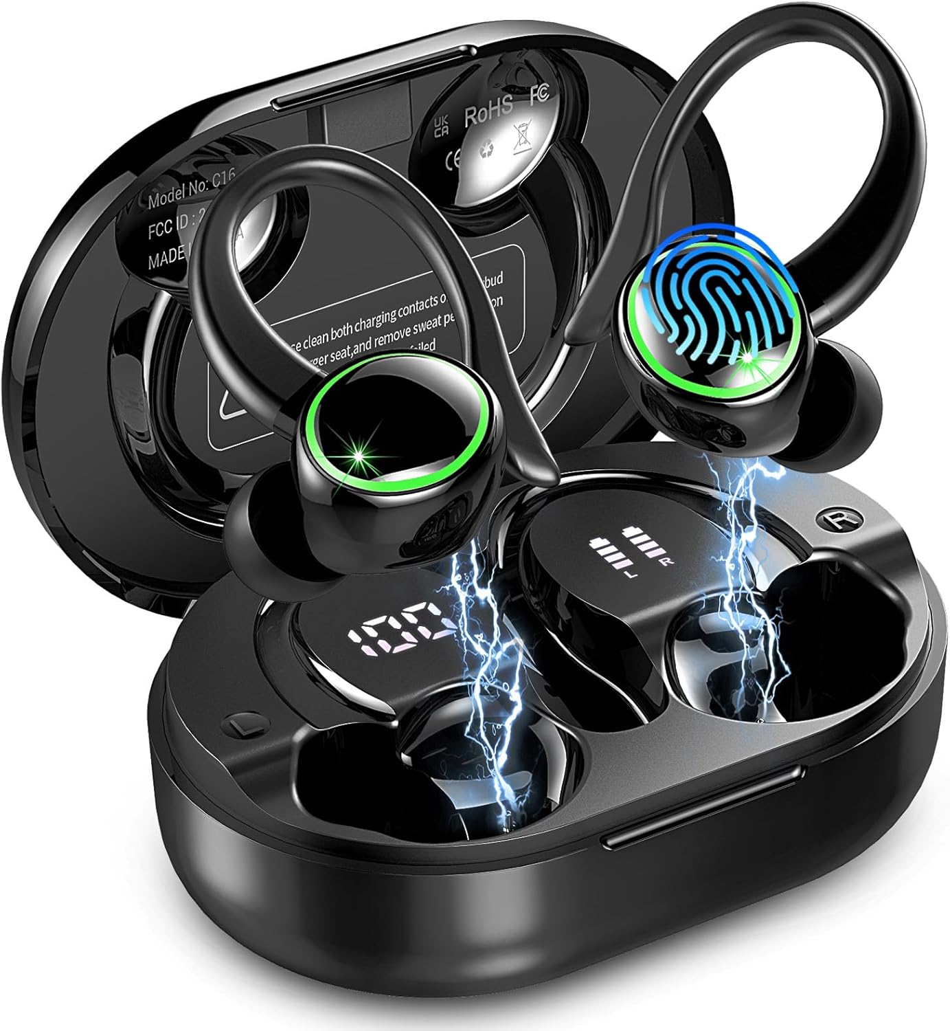 Wireless Earbuds Sports, Bluetooth 5.4 Headphones Hifi Stereo, 50H Playback Over-Ear buds with ENC Noise Cancelling Mic, Earphones with Earhooks, IP7 Waterproof Fitness Headset for Gym Running Workout