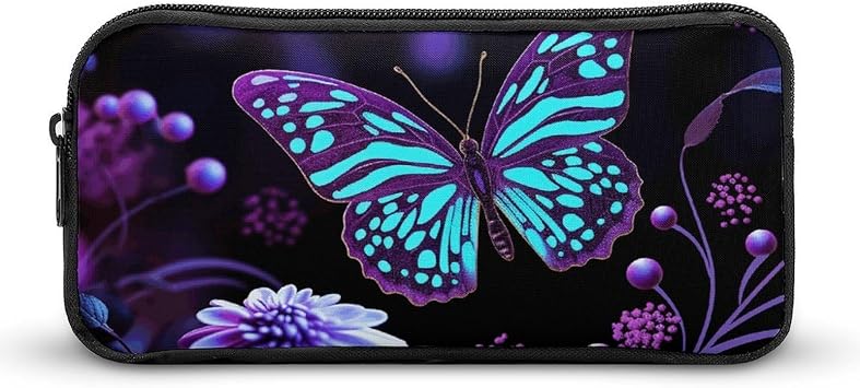Purple Butterfly And Flowers Pencil Case - Large Capacity Pencil Pouch Aesthetic Makeup Bag with Zipper for Stationery, Art Supplies, Travel Essentials