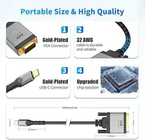 Miniatura 8 de Cable USB C a VGA de 3 pies, cable VGA a USB C para monitor, cable tipo C a VGA, cable USB C a VGA compatible con MacBook ProAir, iPad Pro,