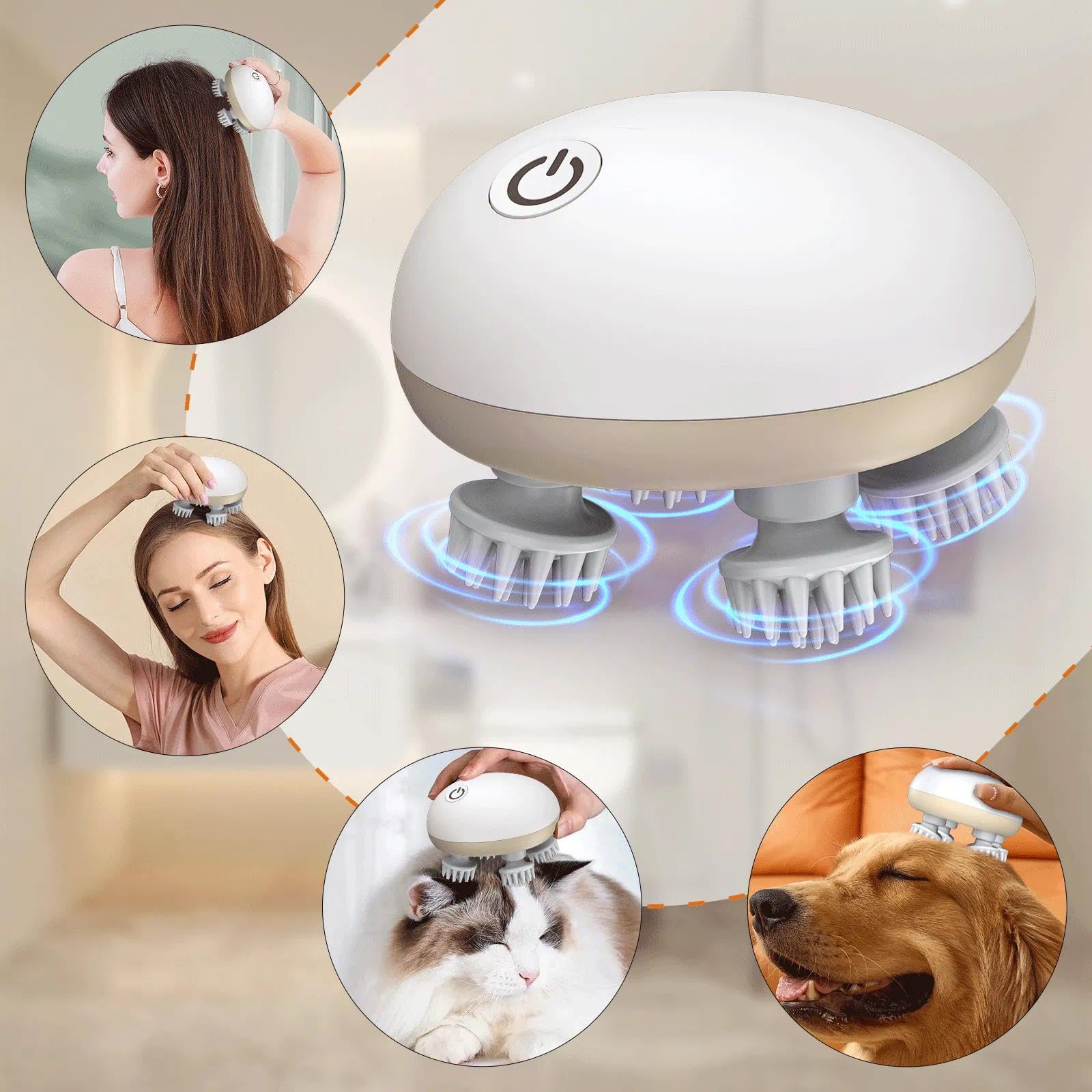 Kopfhautmassagegerät Elektrisch IPX7 Wasserdicht - 5 Massagemodi, Kopfmassagegerät mit 4 Rotierenden Massageköpfen, Silikonaufsätzen für Entspannung und Kopfhautpflege
