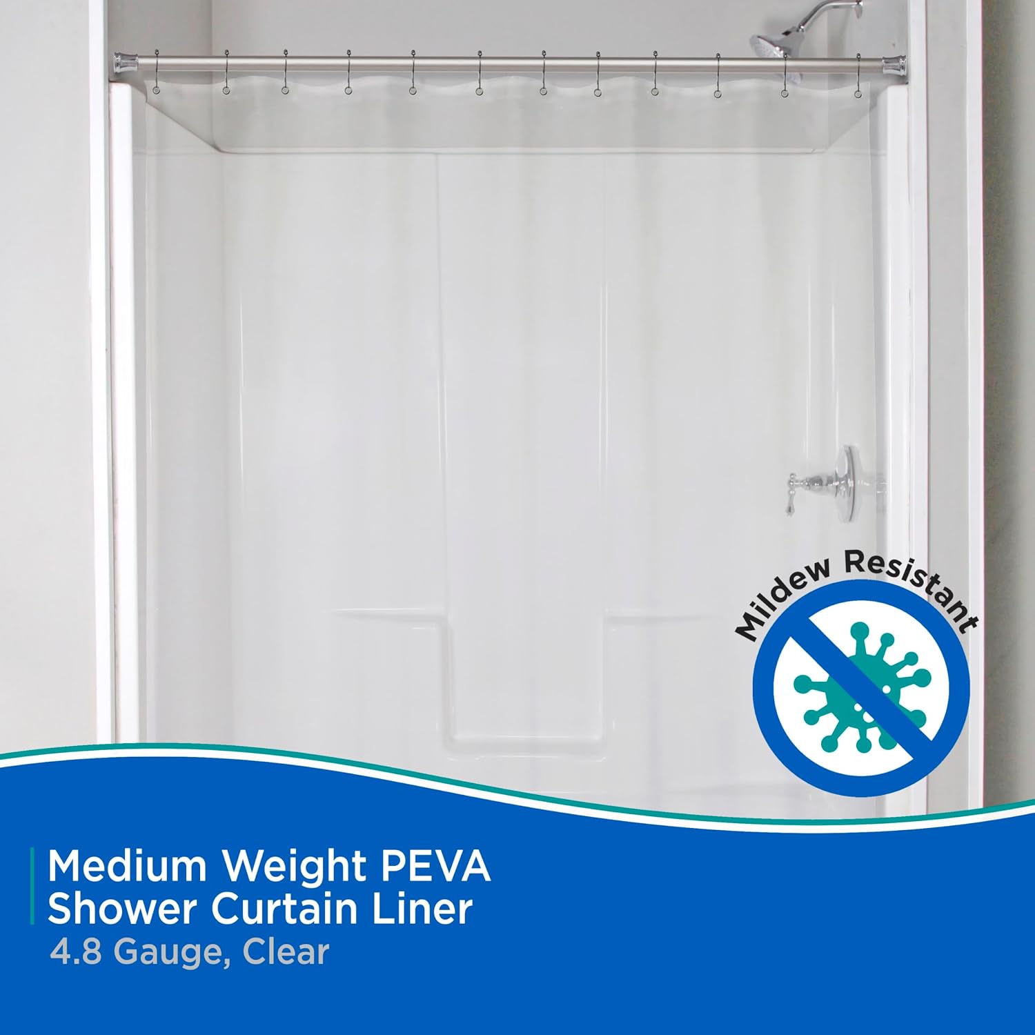 Kenney KN61462 Medium Weight 5 Gauge Waterproof PEVA Shower Curtain Liner with Rust-Resistant Metal Grommets and Weighted Magnetic Hem for Bathroom, 70" W x 72" H, Clear, 2-Pack