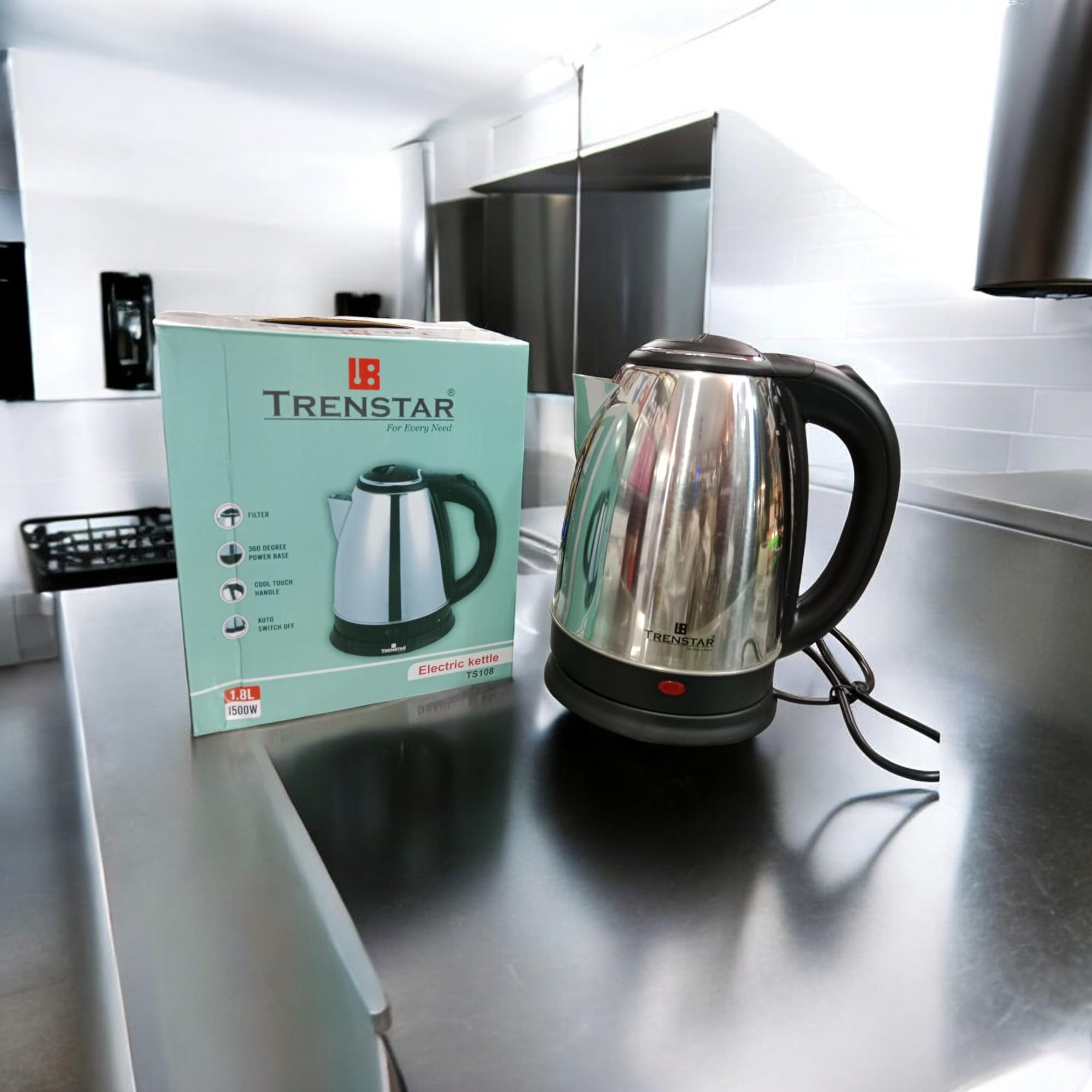 trenstar 1.8l, 1500w electric kettle with filter, 360 degree power base, cool touch handle, auto switch off, ts108